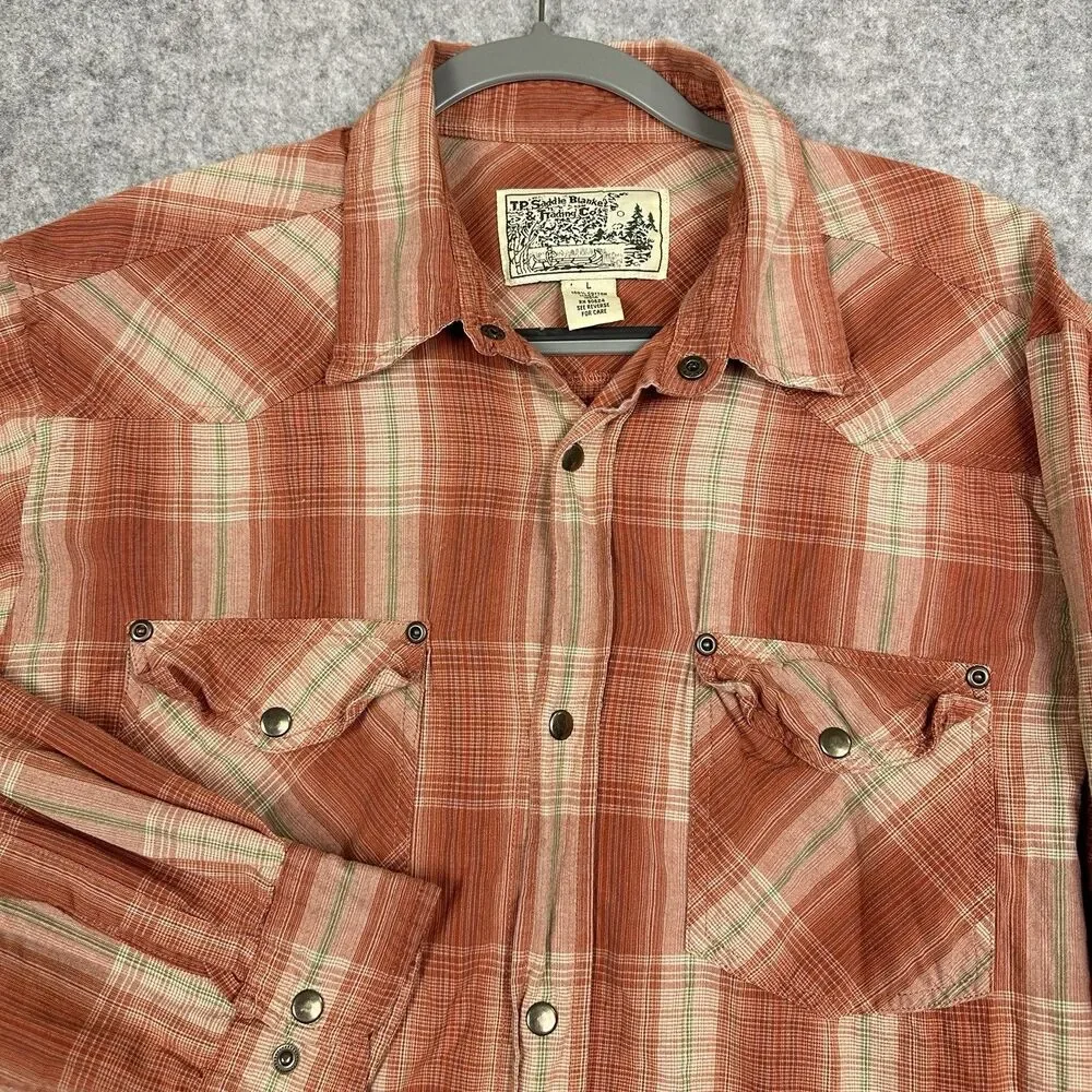 TP Saddle Blanket Trading Co Snap Shirt Men L Plaid Western Ranch Pockets Cotton